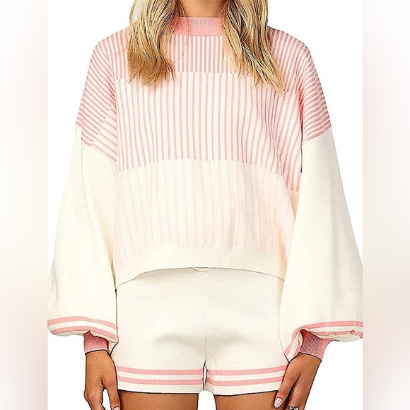 New-Peppermint Pink Casual Stripes Print Two-piece Set - Picture 4 of 11